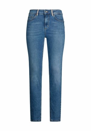 Jeans in denim blu con taglio dritto, caratterizzati da una vita media, cuciture decorative e un classico design a cinque tasche.