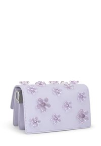 Lavender handbag with translucent purple flower embellishments scattered across the front and top, folded rectangular shape with side clasp.