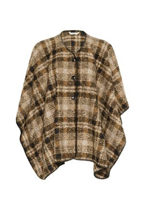 Poncho en laine à carreaux marron et beige avec trois boutons noirs et des bords cousus noirs, coupe ample avec des manches larges.