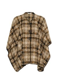 Brun och krämrutig poncho med rundad halsringning, svarta knappar och kontrasterande sömmar längs kanterna, tillverkad av ett fluffigt material.