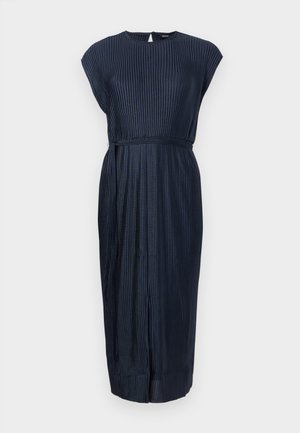 Sötétkék midi ruha függőleges csíkokkal, rövid ujjal, megkötött derékkal és kulcslyuk hátkivágással. Texturált anyagból készült.