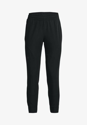 Pantaloni sportivi neri con vita elastica, gambe affusolate e dettagli di cucitura; realizzati in un tessuto liscio ed elastico adatto per l'attività.