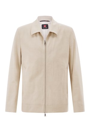 Beige Herrenjacke mit durchgehendem Reißverschluss, Kragen, langen Ärmeln und zwei seitlichen Taschen, präsentiert vor einem schlichten weißen Hintergrund.