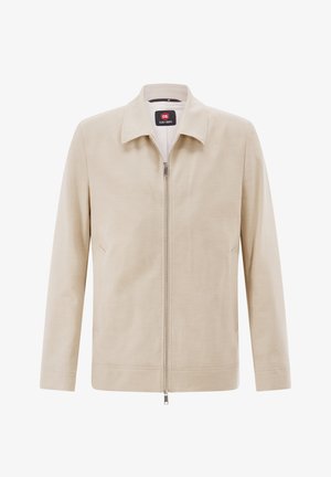 Beige Herrenjacke mit durchgehendem Reißverschluss, Kragen, langen Ärmeln und zwei seitlichen Taschen, präsentiert vor einem schlichten weißen Hintergrund.