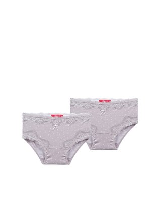 Light gray women's underwear set with lace trim, dotted pattern, and a central bow detail; features a comfortable full-coverage design.