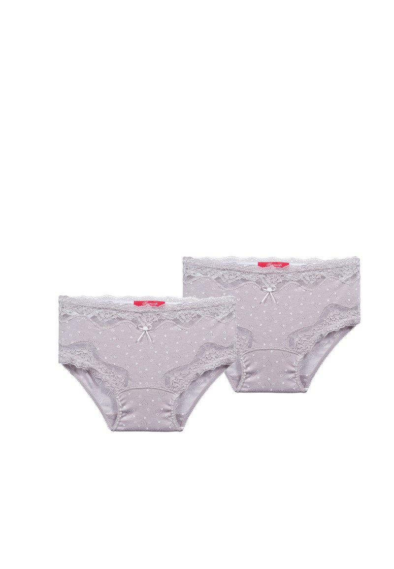 Light gray women's underwear set with lace trim, dotted pattern, and a central bow detail; features a comfortable full-coverage design.
