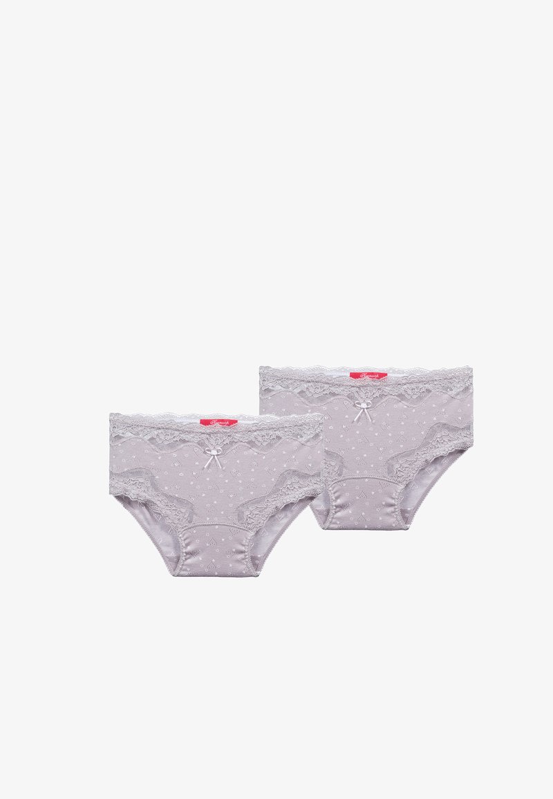 Light gray women's underwear set with lace trim, dotted pattern, and a central bow detail; features a comfortable full-coverage design.