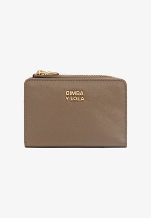 Brown faux leather wallet with a zip closure, featuring a gold "Bimba y Lola" logo, smooth texture, and rectangular shape with clean edges.