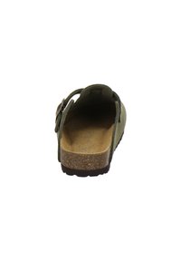 Olive green sandal with a cork footbed, adjustable strap, and textured rubber outsole, featuring a simple design and no visible patterns.