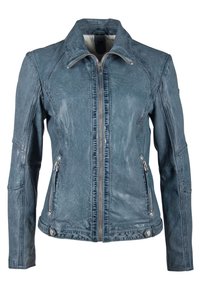 Giacca in pelle blu con finitura testurizzata, chiusura frontale con zip e due tasche laterali. Caratterizzata da un colletto alto e una vestibilità sagomata.