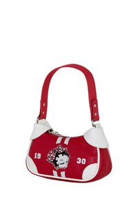 Bolso de mano de imitación cuero rojo con detalles blancos, forma redondeada y diseño de dibujo animado que presenta un personaje y el año "1930" en la parte frontal.