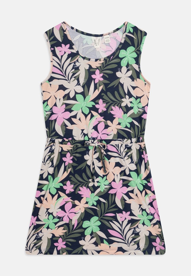 Robe sans manches bleu marine avec un motif floral rose, vert et beige, et une ceinture à la taille, posée à plat sur un fond blanc.