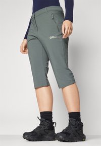 Grey knee-length shorts with a smooth texture, featuring a zip pocket and a logo on the front, paired with black hiking boots and socks.