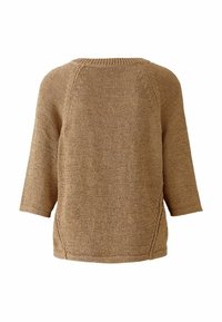 Brauner gestrickter Pullover mit Dreiviertelärmeln, strukturiertem Stoff, Raglan Nähten und Rundhalsausschnitt. Keine Verschlüsse oder Verzierungen.