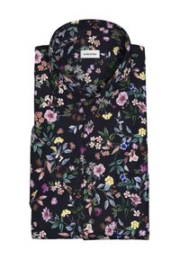 Bloemendishe shirt met een donkerblauwe achtergrond, versierd met kleurrijke bloemen en bladeren in verschillende tinten. Spread collar, knoopsluiting aan de voorkant.