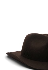 Brown felt hat with a wide brim and subtle texture. Features an embossed logo on the side, showcasing a structured shape.