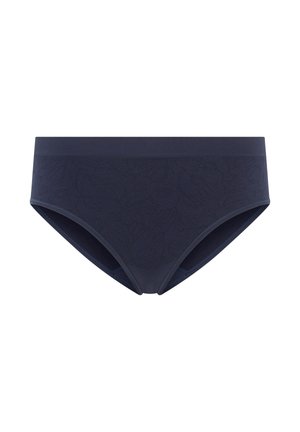 Navy blue seamless women's briefs with subtle floral pattern and wide waistband, designed for comfort and everyday wear.