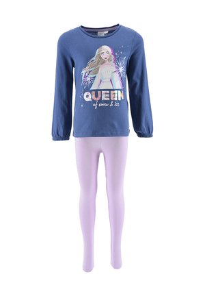 Blue long-sleeve top with an ice queen graphic and text "Queen of snow & ice" paired with light purple leggings.