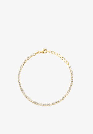 Goldarmband mit einer Reihe runder, klarer Edelsteine und einem Karabinerverschluss mit verstellbarer Kette vor weißem Hintergrund.