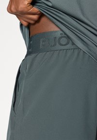 Szare szorty sportowe z teksturowanym paskiem w talii i logo "BJÖRK". Materiał wydaje się lekki i gładki, z widocznymi kieszeniami po bokach.