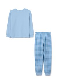 Blue cotton long-sleeve top with a round neckline and ribbed cuffs, paired with checkered blue cotton pants featuring an elastic waistband.