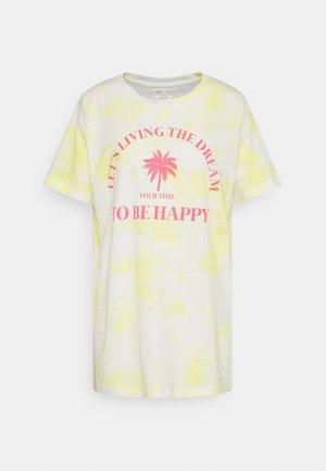 T-shirt blanche avec un motif tie-dye jaune. Présente un graphisme de palmier rose et le texte : "VIVONS LE RÊVE VOTRE TEMPS D'ÊTRE HEUREUX."