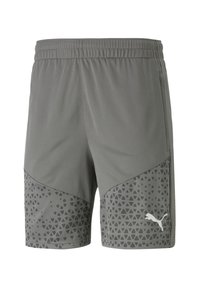 Graue Athletik-Shorts aus leichtem Stoff mit einem elastischen Bund. Der untere Teil weist ein dreieckiges Muster und ein Logo-Element auf.