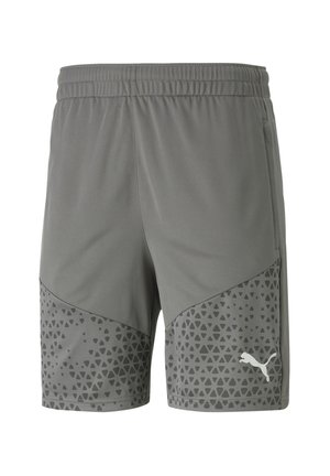 Grijze sportshorts van lichtgewicht stof met een elastische tailleband, met een driehoekig patroon op het onderste deel en een logo-accent.