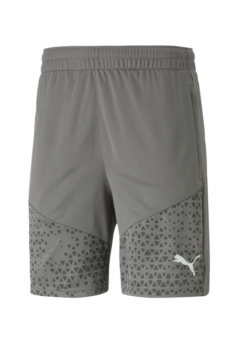 Graue Athletik-Shorts aus leichtem Stoff mit einem elastischen Bund. Der untere Teil weist ein dreieckiges Muster und ein Logo-Element auf.