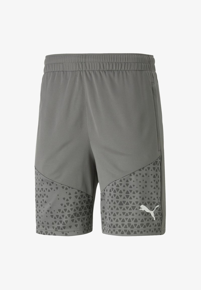 Graue Athletik-Shorts aus leichtem Stoff mit einem elastischen Bund. Der untere Teil weist ein dreieckiges Muster und ein Logo-Element auf.