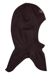 Bruine gebreide balaclava met een aansluitend ontwerp, voorzien van een naadloze kroon en verlengde nekbedekking. Lichtgewicht en gestructureerde stof.