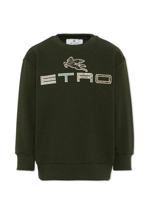 Sudadera de manga larga de color verde oscuro con puños y dobladillo acanalados, con texto bordado "ETRO" y logo de caballo alado en el pecho.