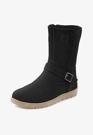 Black ankle boot made of textured synthetic material with a strap and buckle detail, featuring a rounded toe and a rubber sole.