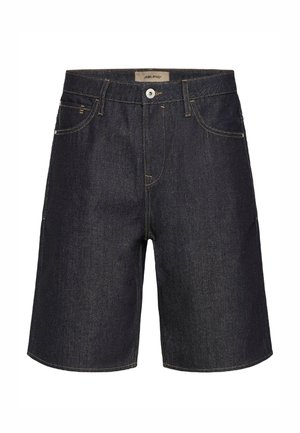 Mørkeblå denimshorts med frontknapp, glidelås, beltehemper og sidelommer, merket "Blend" på linningen.