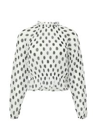 Witte blouse met lange mouwen en zwarte stippen, elastische taille, hoge hals en rimpelafwerking. Gestructureerde, lichte, semi-doorschijnende stof.