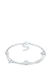 Silverfärgad kedjearmband med tre klara kristalldetaljer: två runda och en triangel, med en kräfta-lås och justerbar längd.