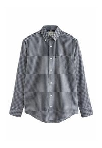 Camicia a maniche lunghe con bottoni in un motivo a quadri navy e bianco. Presenta un colletto a punta, cinque bottoni e un orlo curvo.
