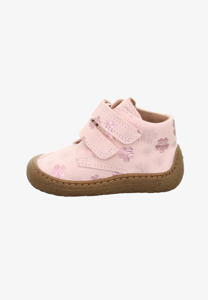 Scarpa rosa per bambino con suola in gomma marrone, due cinturini in Velcro e motivi floreali lucidi.