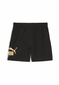 Shorts deportivos negros de tela ligera, con una cintura elástica y un gran logo dorado de Puma en el lado izquierdo.