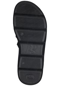 Suola di scarpa in gomma nera con scanalature orizzontali, superficie texturizzata e logo in rilievo. Presenta una marcatura della misura 4½ e vari modelli di trazione.