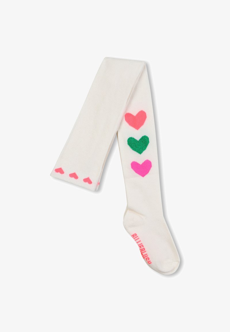 Collant bianchi con motivi a cuore colorati in rosa, verde e magenta; materiale testurizzato; piccoli cuori rosa alla caviglia; logo rosa sulla punta.