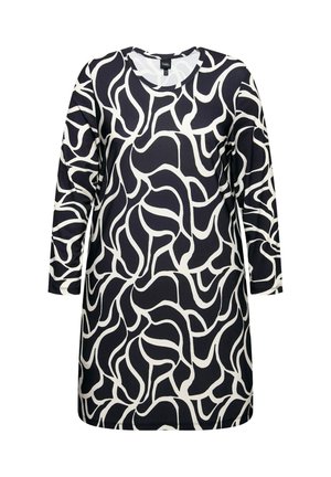 Un vestido negro con un patrón de espiral abstracto blanco, mangas largas, escote redondo y una silueta recta en una tela suave y elástica.