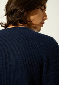 Navyblauer, gerippter Strickpullover mit Rundhalsausschnitt und strukturiertem Stoff, der die Rückansicht mit leichten Schulterdetails zeigt.