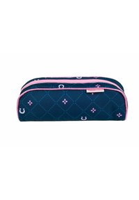 Quilted pencil case in navy fabric with pink zipper. Features diamond pattern with small flowers and horseshoe motifs. Compact, soft texture.