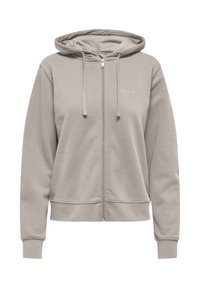 Hellgraue Kapuzenjacke mit Reißverschluss, ausgestattet mit einer Kordelzugkapuze, gerippten Bündchen und einem dezenten Logoakzent. Hergestellt aus weichem, glattem Stoff.