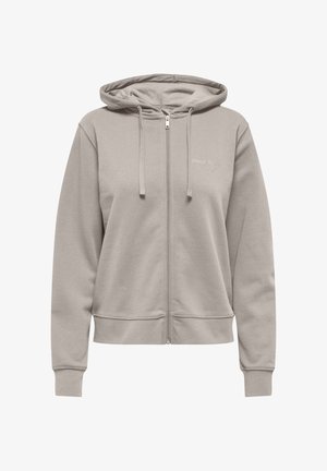 Light grey zip-up hoodie featuring a drawstring hood, ribbed cuffs, and a subtle logo accent. Made from soft, smooth fabric.