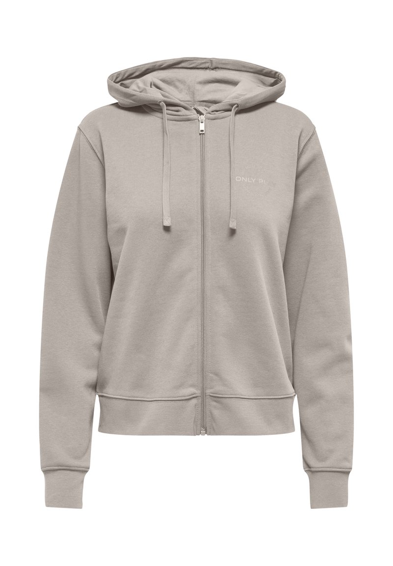 Hellgraue Kapuzenjacke mit Reißverschluss, ausgestattet mit einer Kordelzugkapuze, gerippten Bündchen und einem dezenten Logoakzent. Hergestellt aus weichem, glattem Stoff.