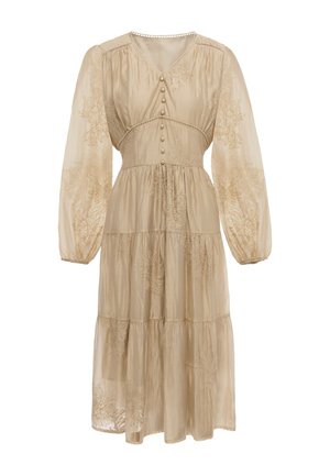 Long beige dress with sheer floral embroidered puff sleeves, V-neckline, pearl buttons down front, and tiered skirt.