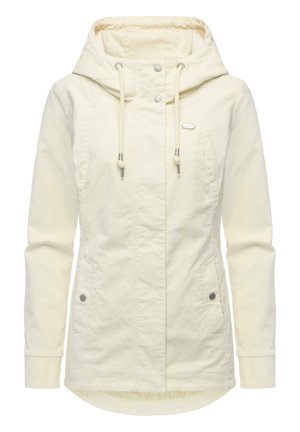 Giacca con cappuccio da donna color crema con bottoni a pressione frontali, cappuccio con coulisse e tasche laterali con chiusura a scatto.