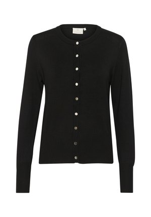 Black cardigan with a round neckline, long sleeves, and five-button closure, featuring a ribbed hem and textured detailing along the front.